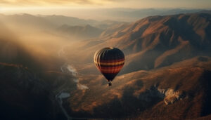 hot air balloon flies mountain landscape